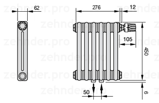 Схема (чертеж) Радиатор Zehnder Charleston 2045/6 №V008 Белый глянцевый RAL 9016